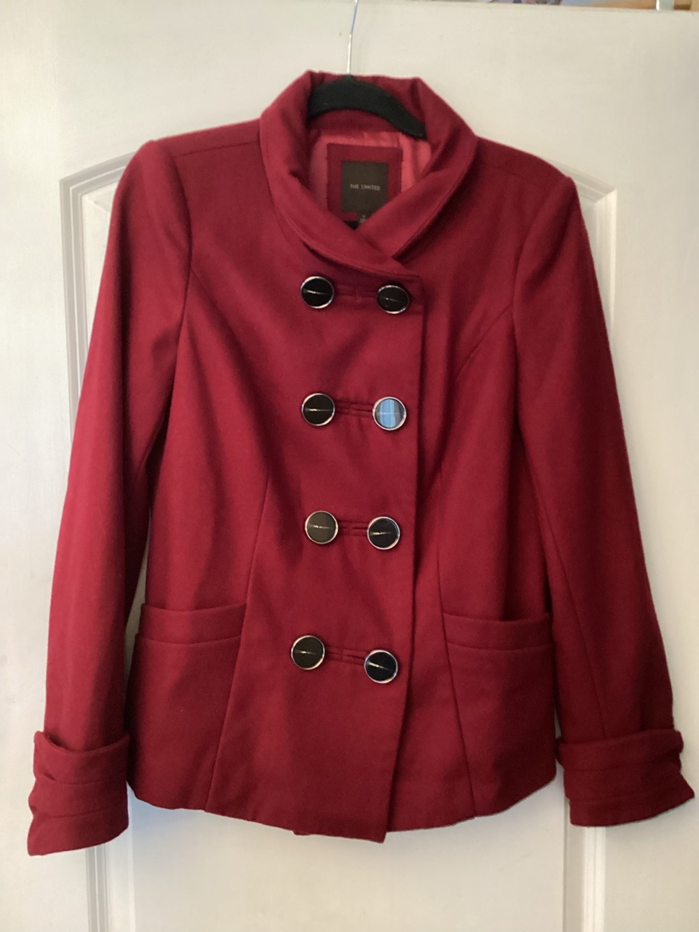 The Limited Burgundy Wool Convertible Collar Peacoat Jacket, size Medium